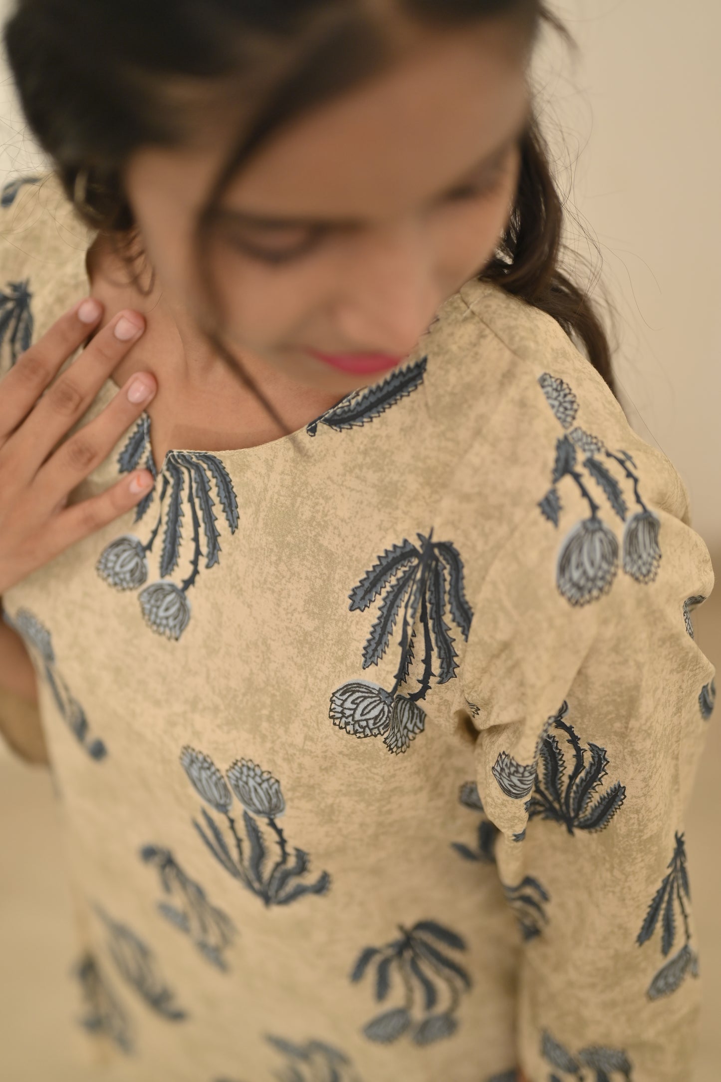 Beige & Blue Handblock-Printed Cotton Short Kurti