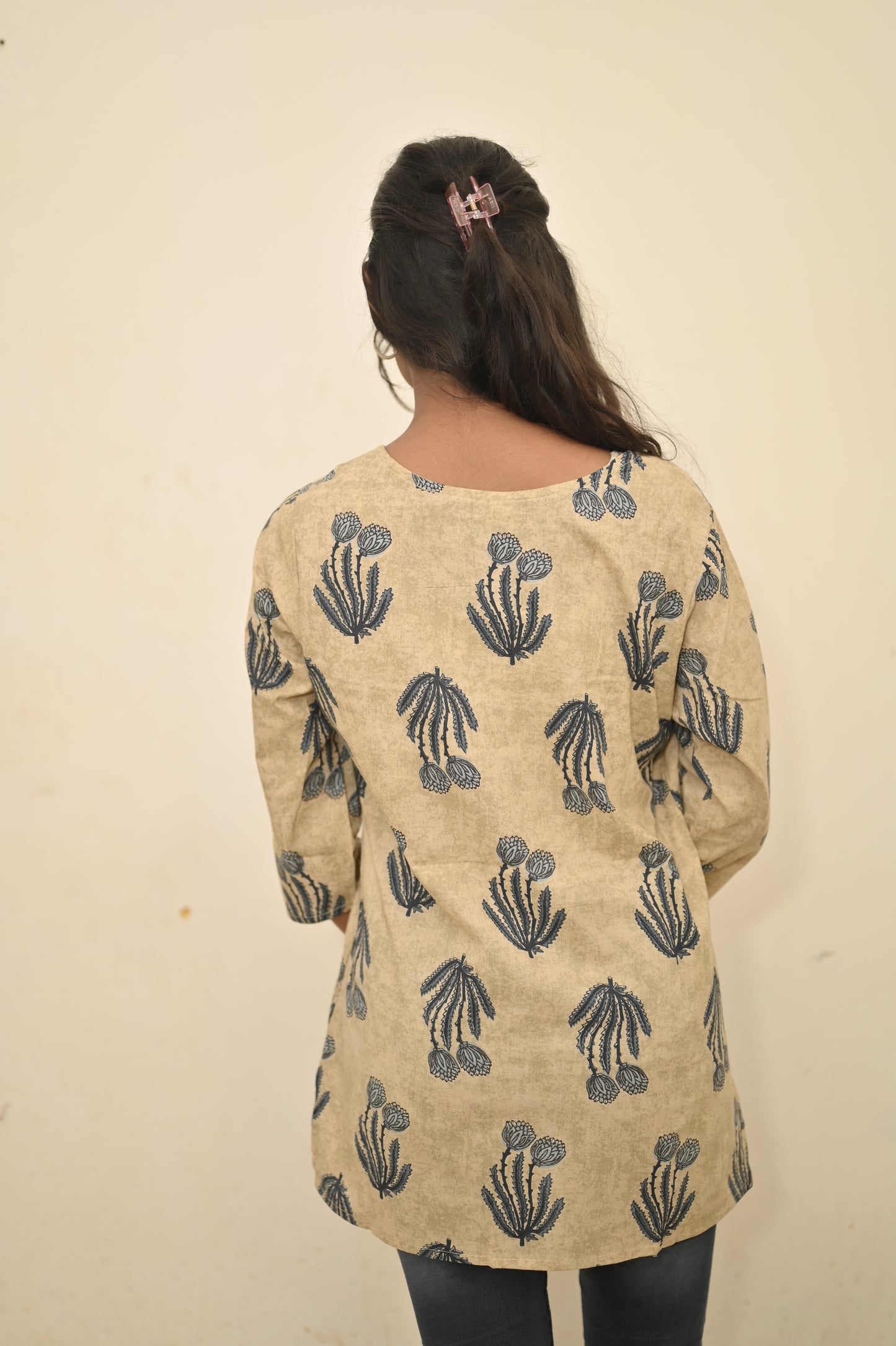 Beige & Blue Handblock-Printed Cotton Short Kurti