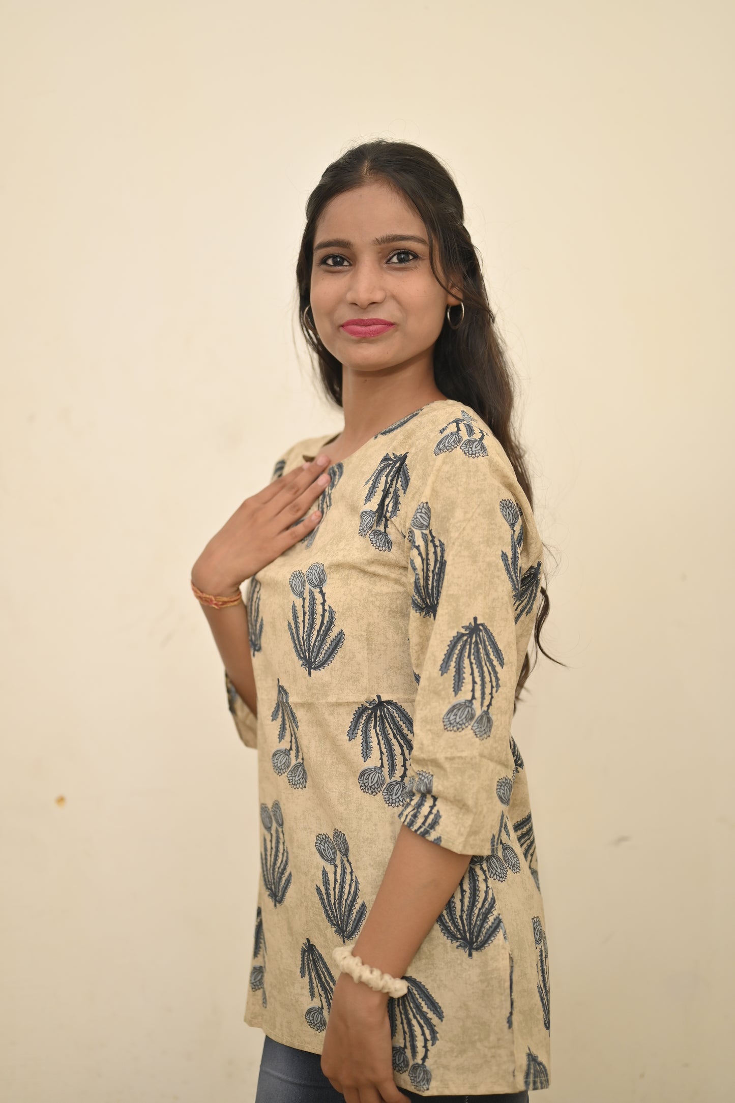 Beige & Blue Handblock-Printed Cotton Short Kurti