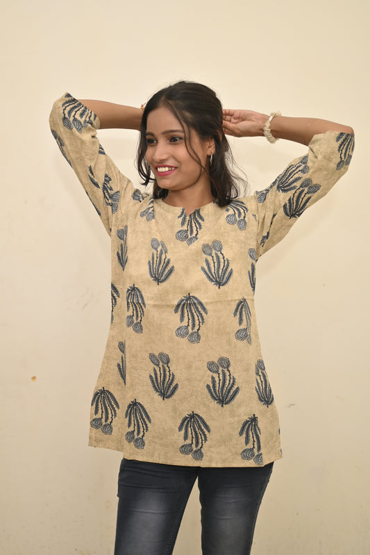 Beige & Blue Handblock-Printed Cotton Short Kurti