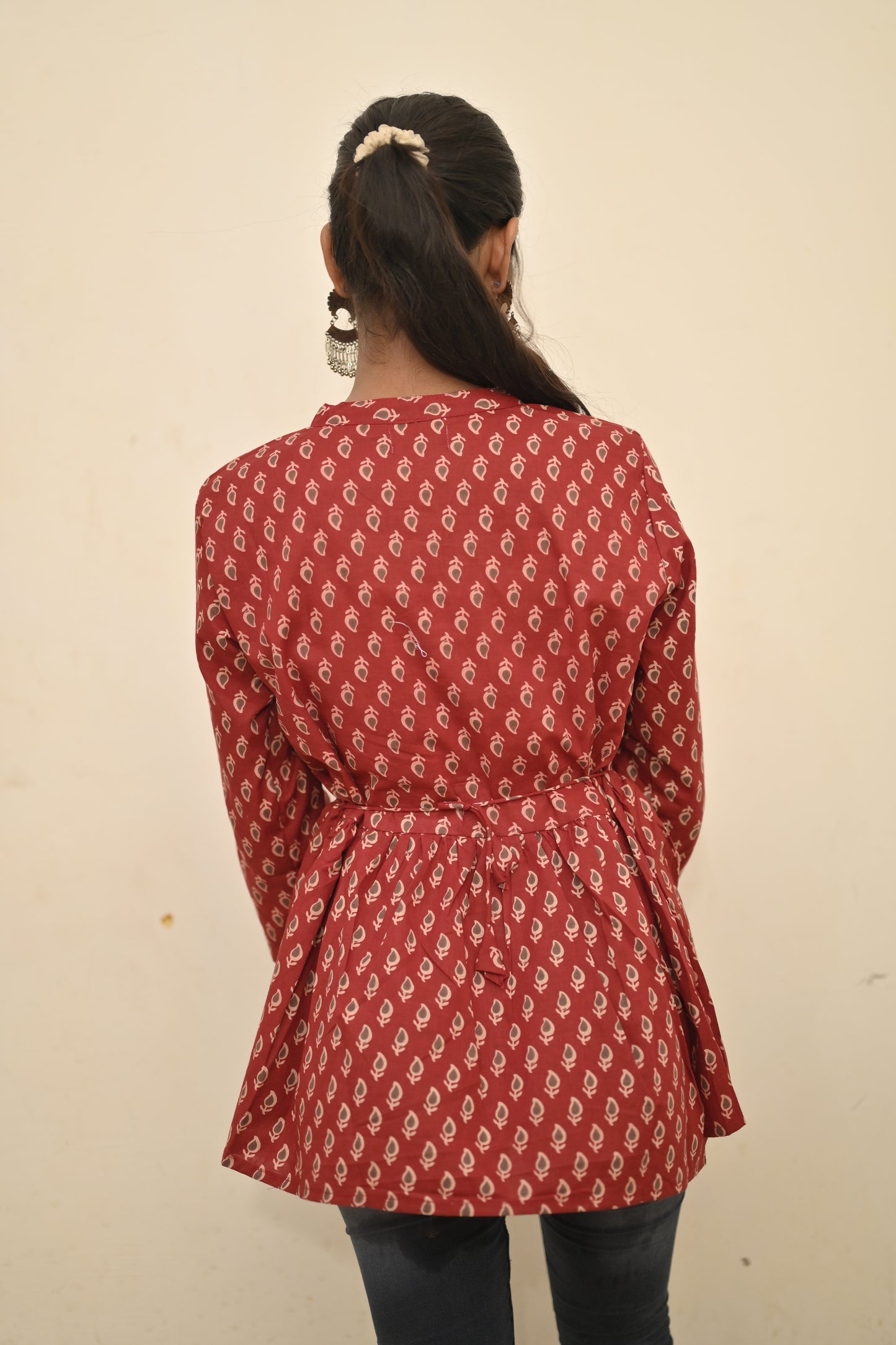 Wine Red Boho Printed Peplum Kurti – Effortless Chic Edition