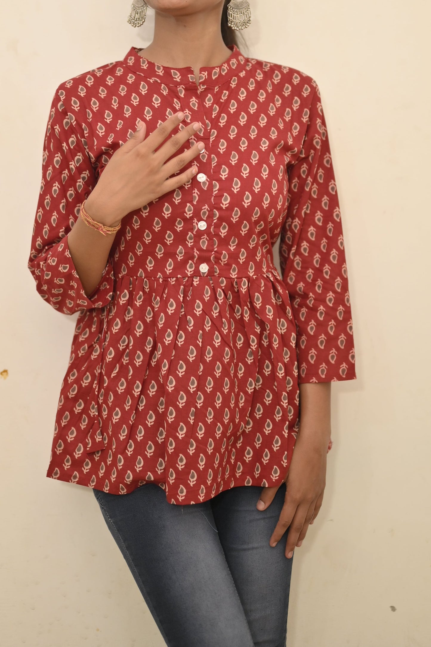 Wine Red Boho Printed Peplum Kurti – Effortless Chic Edition