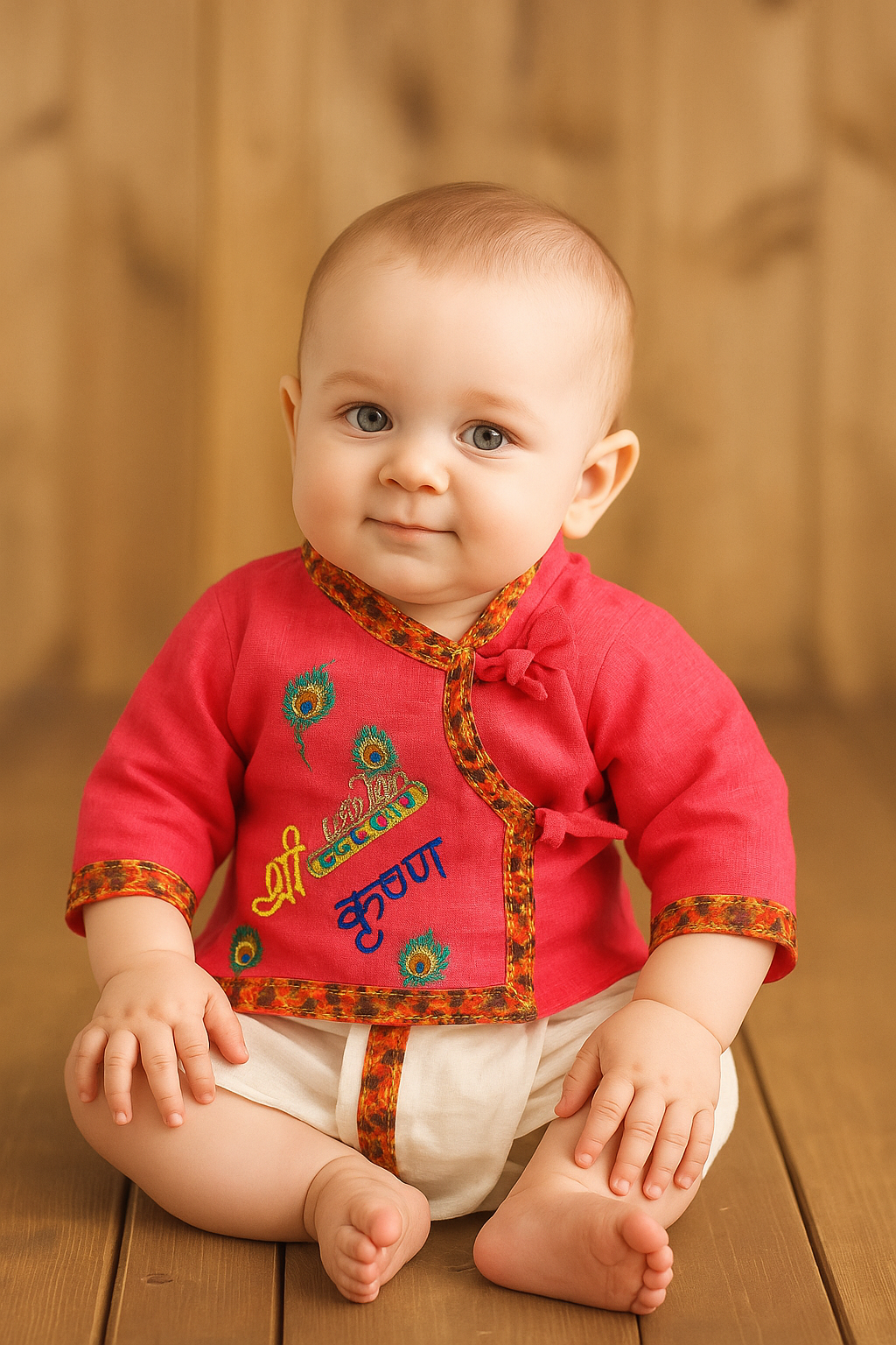 Shri Krishna Traditional Baby Dress Set with Peacock Crown – All Sizes Available