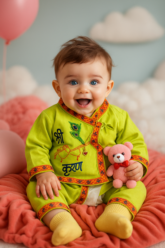 Shri Krishna Traditional Baby Dress Set with Peacock Crown – All Sizes Available