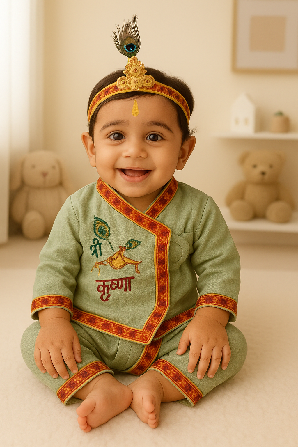Shri Krishna Traditional Baby Dress Set with Peacock Crown – All Sizes Available