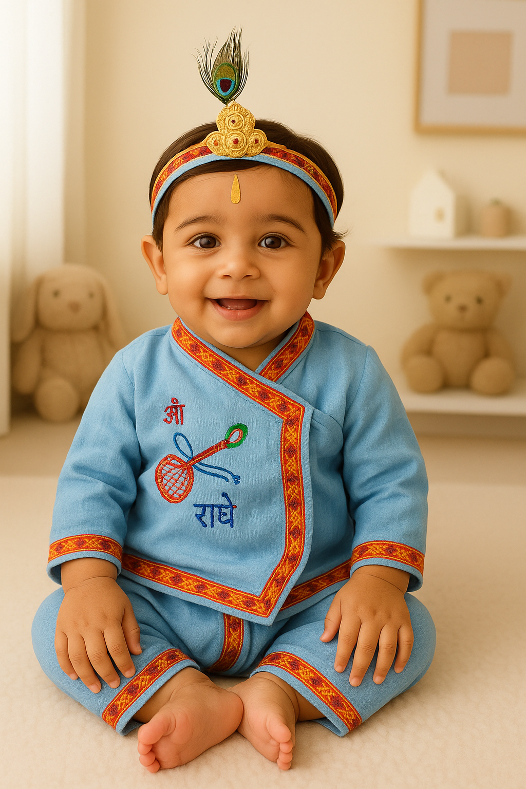 Shri Krishna Traditional Baby Dress Set with Peacock Crown – All Sizes Available