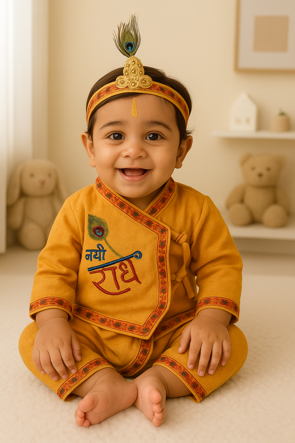 Shri Krishna Traditional Baby Dress Set with Peacock Crown – All Sizes Available