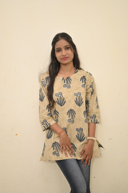 Beige & Blue Handblock-Printed Cotton Short Kurti