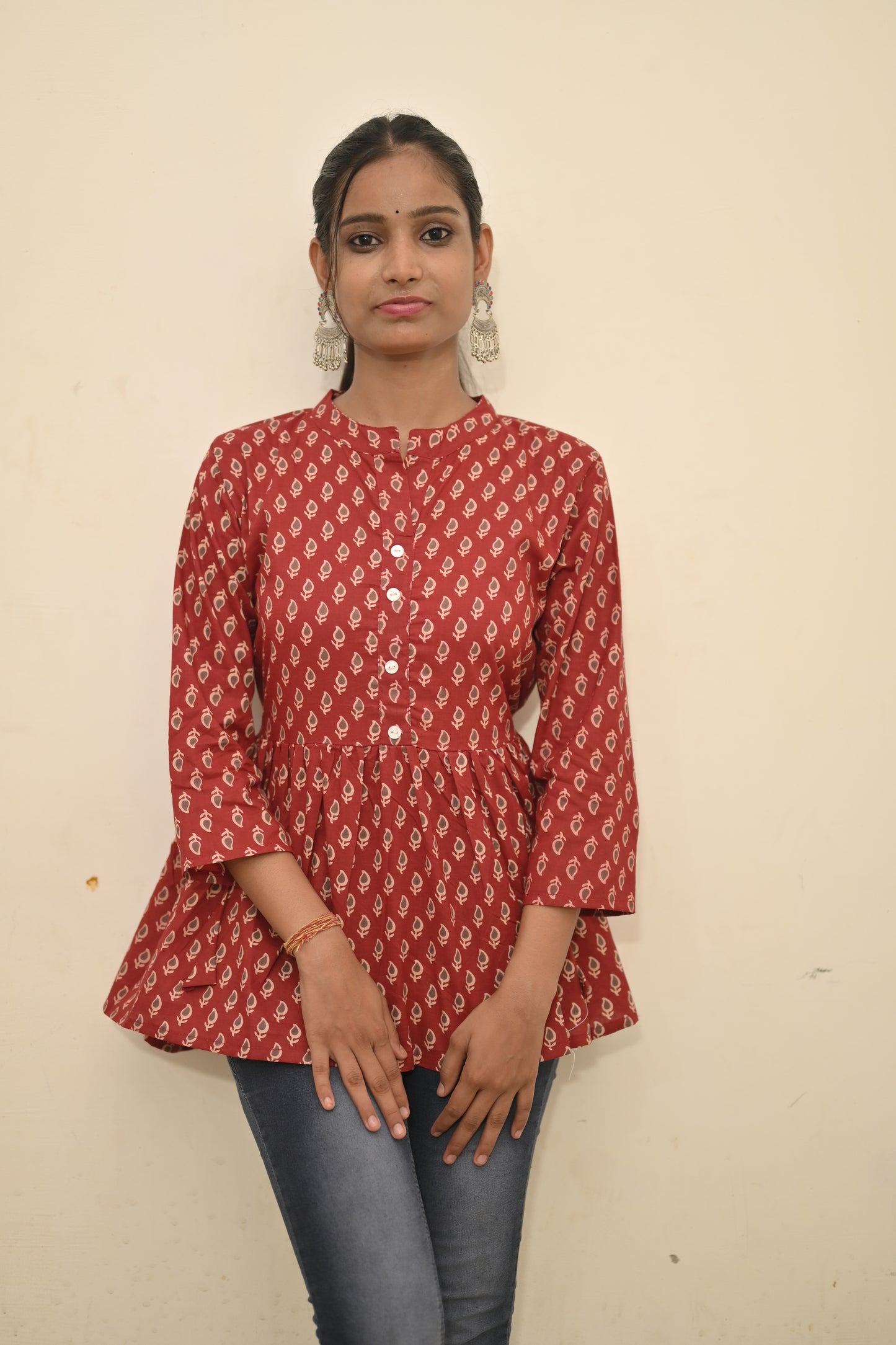 Wine Red Boho Printed Peplum Kurti – Effortless Chic Edition