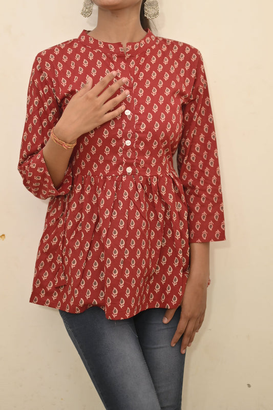 Wine Red Boho Printed Peplum Kurti – Effortless Chic Edition