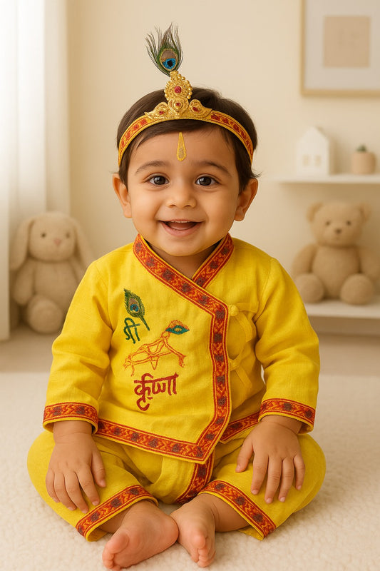 Shri Krishna Traditional Baby Dress Set with Peacock Crown – All Sizes Available