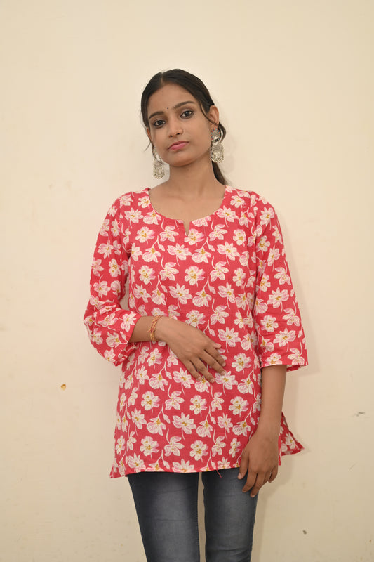 Women’s Cotton Printed Top | Pink Floral Short Kurti for Daily Wear | Soft & Comfortable Casual Wear Tunic for Women