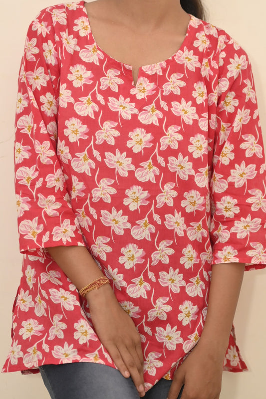 Women’s Cotton Printed Top | Pink Floral Short Kurti for Daily Wear | Soft & Comfortable Casual Wear Tunic for Women